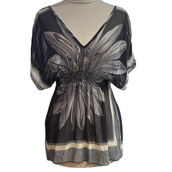 Semi-Sheer Floral Handkerchief Blouse Women's XS (0-2) Black Gray Boho Indie Hip - Picture 2 of 13